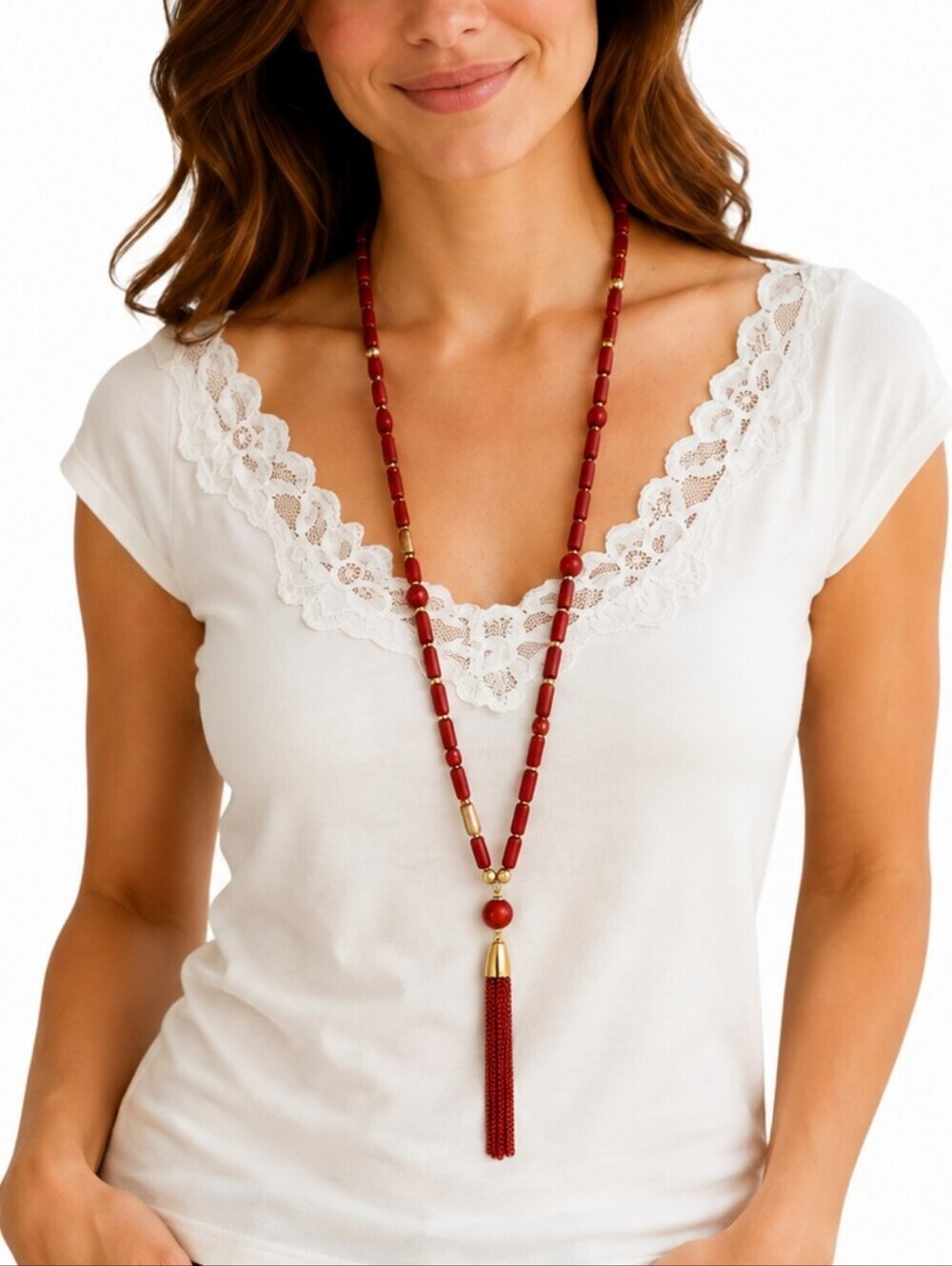 Zenzii Long Red Beaded Sautoir Tassel Sweater Necklace